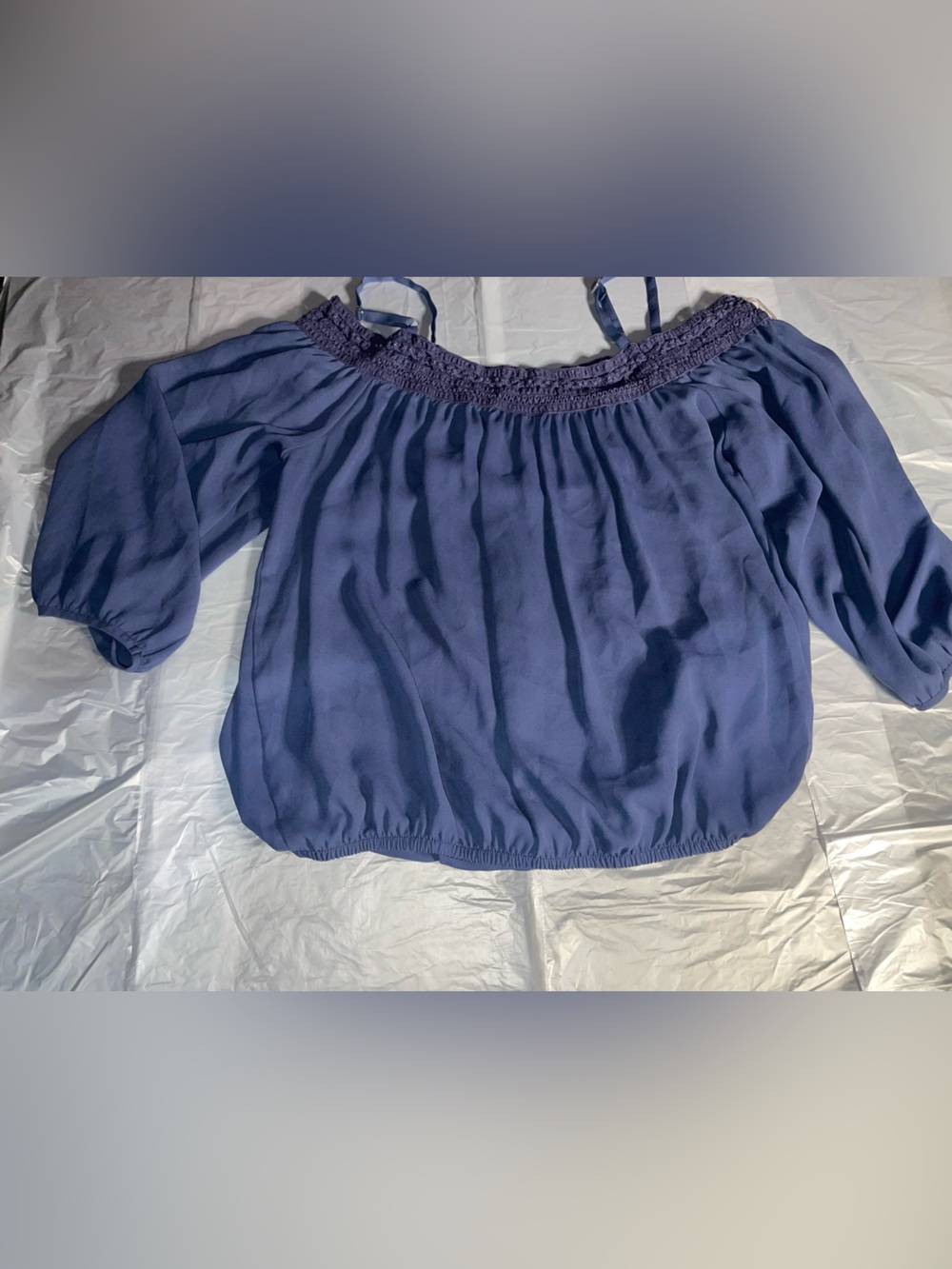 by & by Blue Off-Shoulder Smocked Neck Blouse large